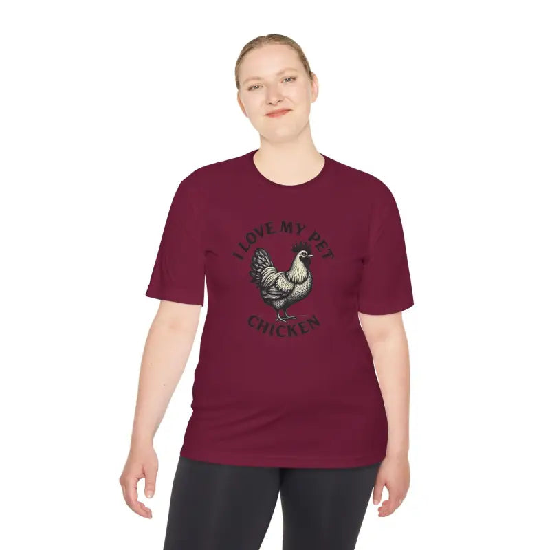 Maroon Chicken Lover Unisex Spork Tek Tee featuring a fun chicken graphic for active pet owners