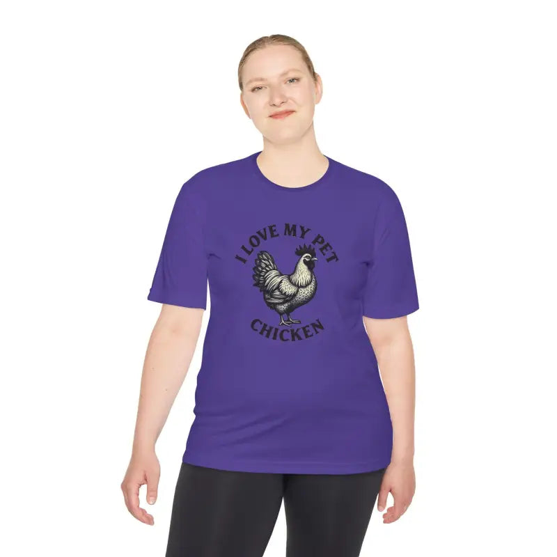 Purple Chicken Lover Unisex Spork Tek Tee featuring a chicken graphic for active pet owners