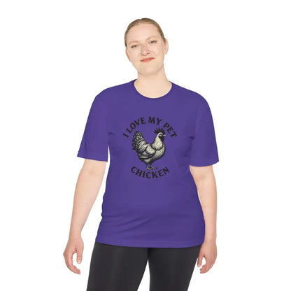 Purple Chicken Lover Unisex Spork Tek Tee featuring a chicken graphic for active pet owners