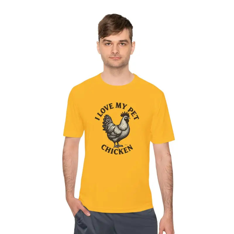 Yellow Chicken Lover Unisex Spork Tek Tee for Active Pet Owners featuring chicken graphic