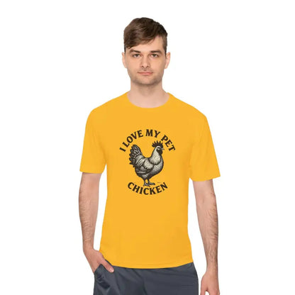 Yellow Chicken Lover Unisex Spork Tek Tee for Active Pet Owners featuring chicken graphic