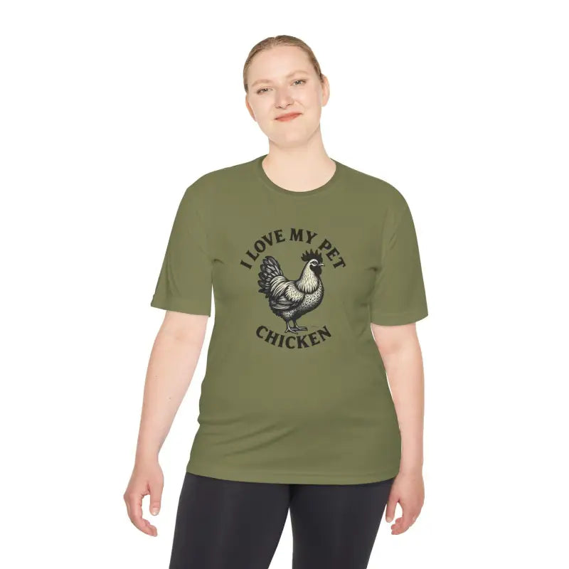 Olive green t-shirt featuring chicken graphic for active pet owners