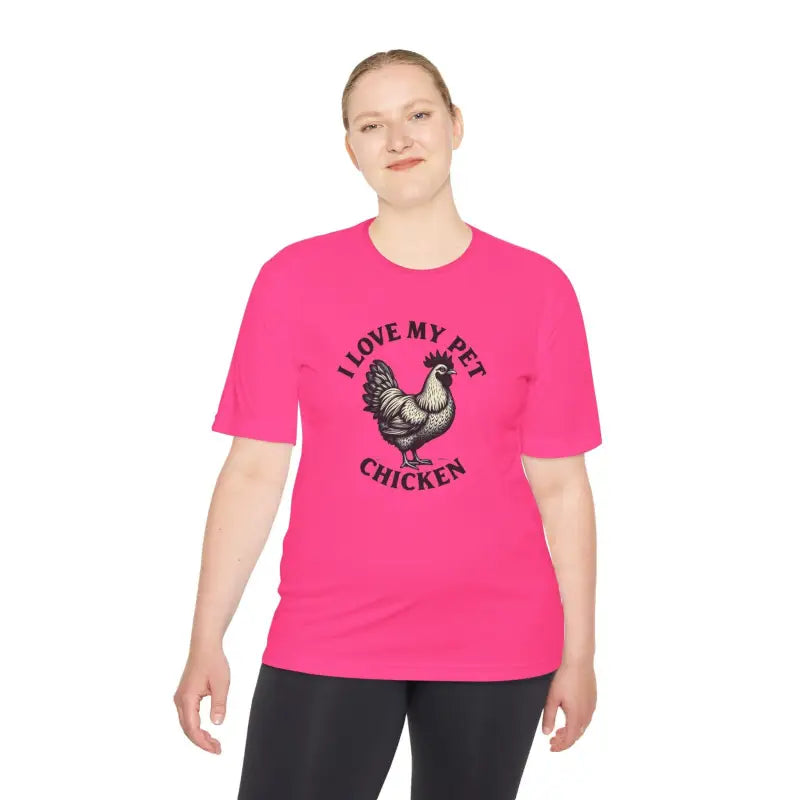 Pink Chicken Lover Unisex Spork Tek Tee featuring a vibrant chicken graphic for pet owners