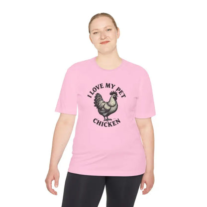 Pink Chicken Lover Unisex Spork Tek Tee for Active Pet Owners featuring a chicken graphic