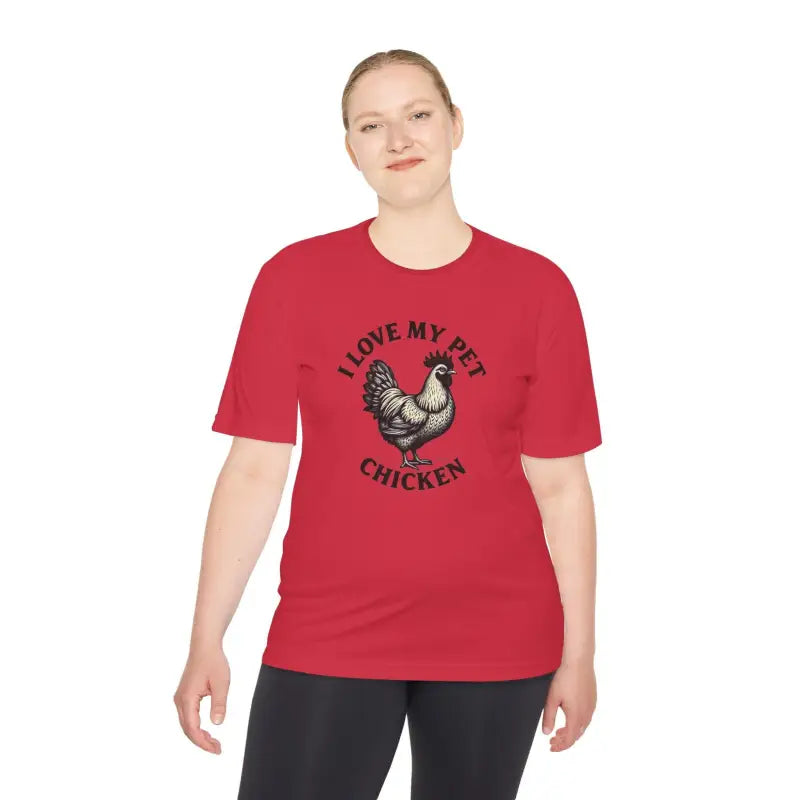 Red Chicken Lover Unisex Spork Tek Tee for Active Pet Owners with chicken graphic design