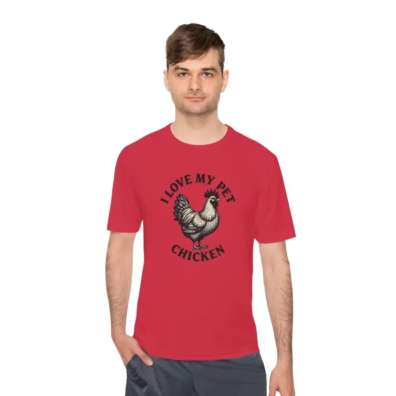 Red Chicken Lover Unisex Spork Tek Tee for Active Pet Owners featuring chicken graphic