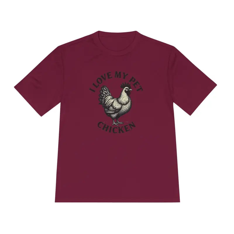 Maroon Chicken Lover Unisex Spork Tek Tee with chicken graphic for active pet owners