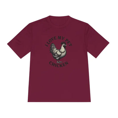 Maroon Chicken Lover Unisex Spork Tek Tee with chicken graphic for active pet owners