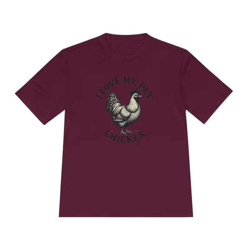 Maroon Chicken Lover Unisex Spork Tek Tee featuring a playful chicken graphic