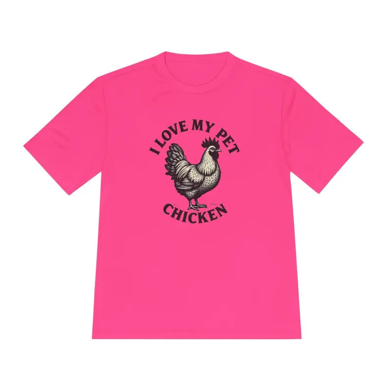 Pink Chicken Lover Unisex Spork Tek Tee for Active Pet Owners featuring a chicken graphic