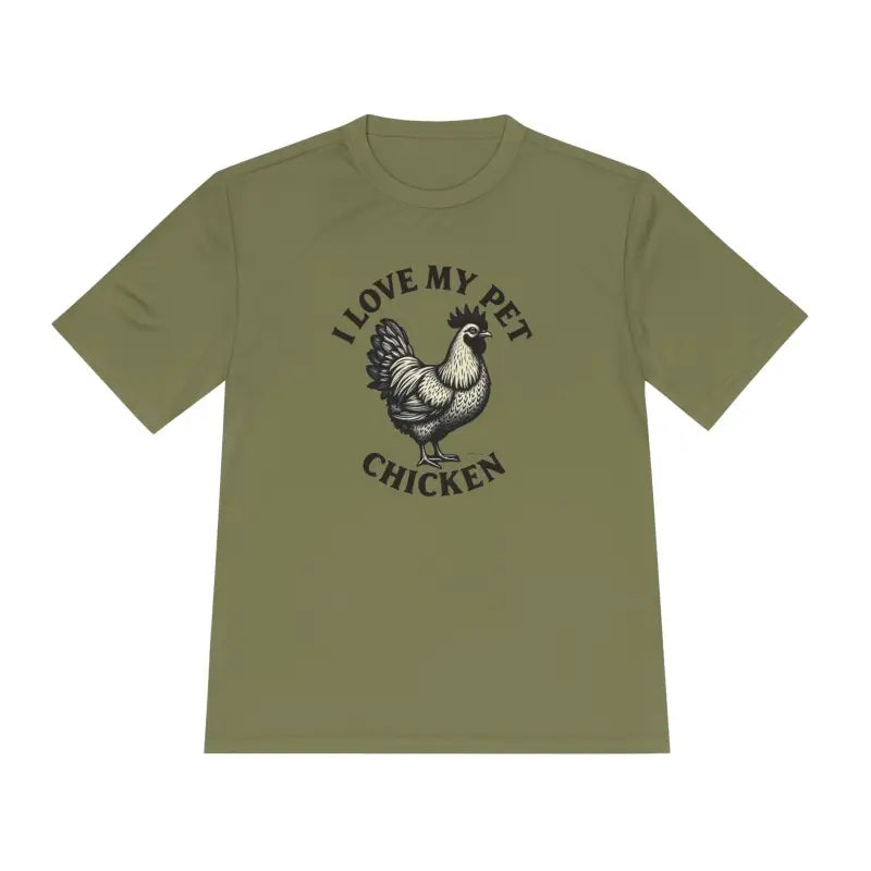 Olive green t-shirt featuring a chicken graphic for Chicken Lover Unisex Spork Tek Tee