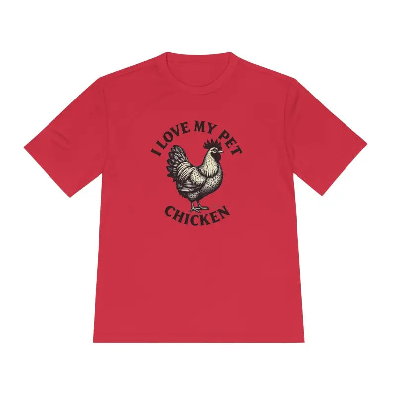 Red Chicken Lover Unisex Spork Tek Tee for Active Pet Owners featuring a chicken graphic