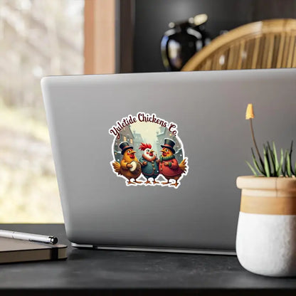 Cartoon chickens in top hats on a laptop sticker for Chicken Themed Magnet and Vinyl Decal