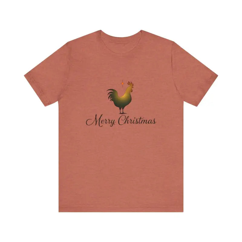 Salmon-colored Christmas Chicken Short Sleeve Tee featuring a rooster and Merry Christmas text