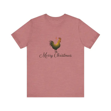 Rose-colored Christmas Chicken Short Sleeve Tee featuring rooster and Merry Christmas text