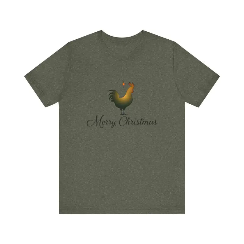 Olive green t-shirt featuring Christmas Chicken design in short sleeve style