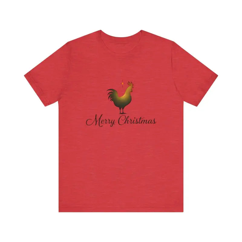 Red Christmas Chicken Short Sleeve Tee featuring a rooster and Merry Christmas text