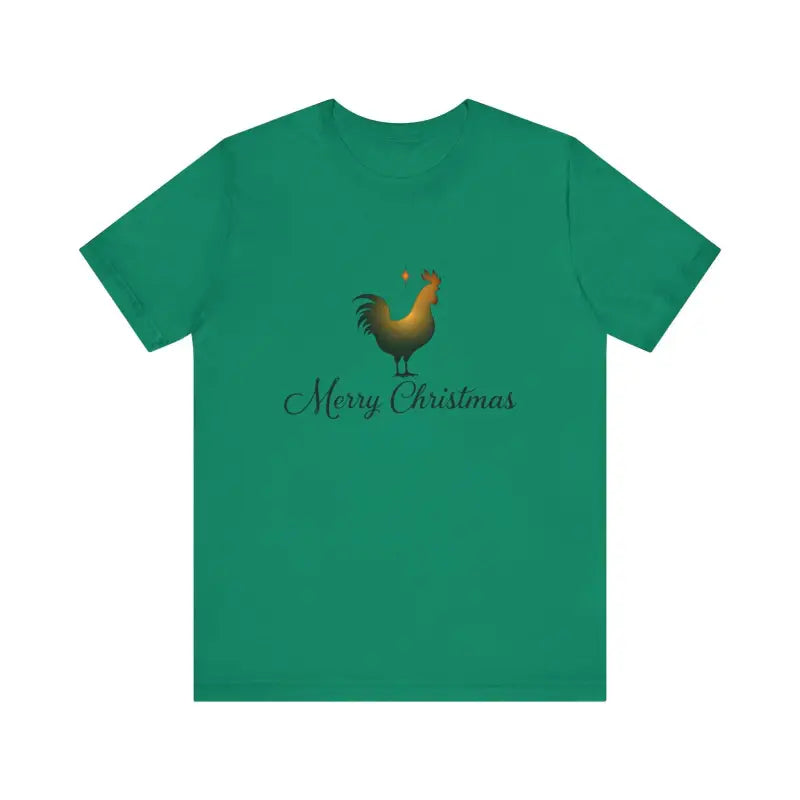 Green Christmas Chicken Short Sleeve Tee featuring a rooster and Merry Christmas text