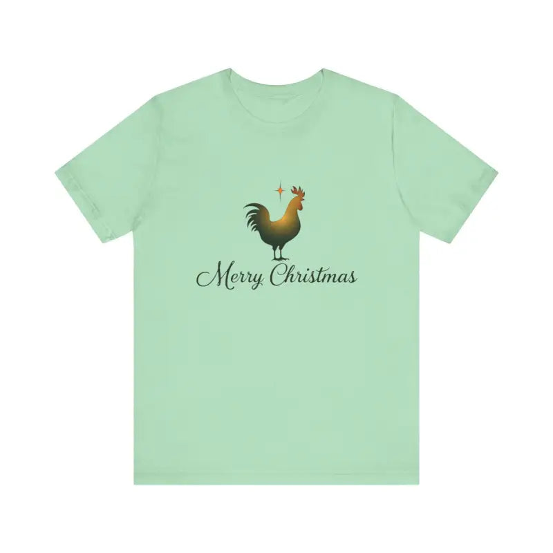 Mint-green Christmas Chicken Short Sleeve Tee featuring a rooster and Merry Christmas text