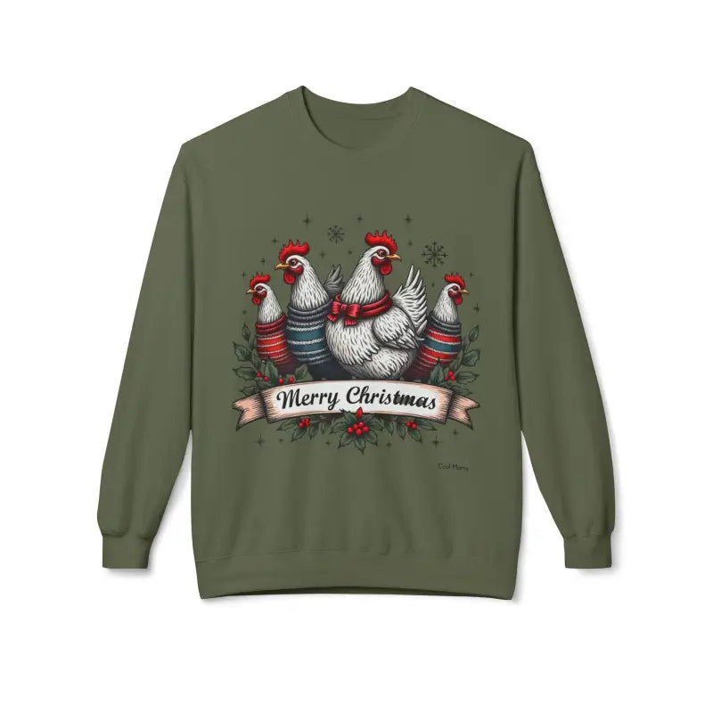 Olive green Christmas Chicken sweatshirt in Christmas Chickens Fleece Sweatshirt style