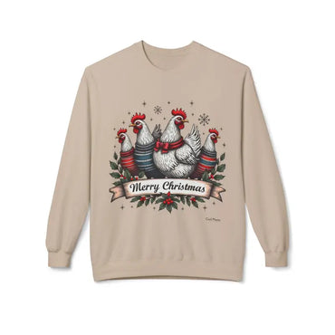 Beige Christmas Chickens Fleece Sweatshirt featuring festive chicken design