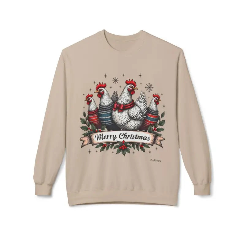 Beige Christmas Chickens Fleece Sweatshirt featuring festive chicken design