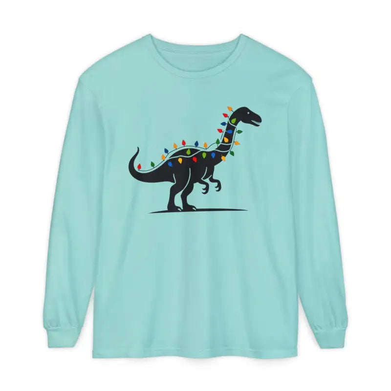 Light blue long-sleeved Christmas Dinosaur and Lights graphic shirt for festive occasions