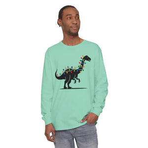 Christmas Dinosaur Long Sleeve Shirt with Twinkling Lights for Holiday Fun - Ocean State Styles