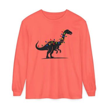 Coral long-sleeved shirt featuring a dinosaur adorned with Christmas lights