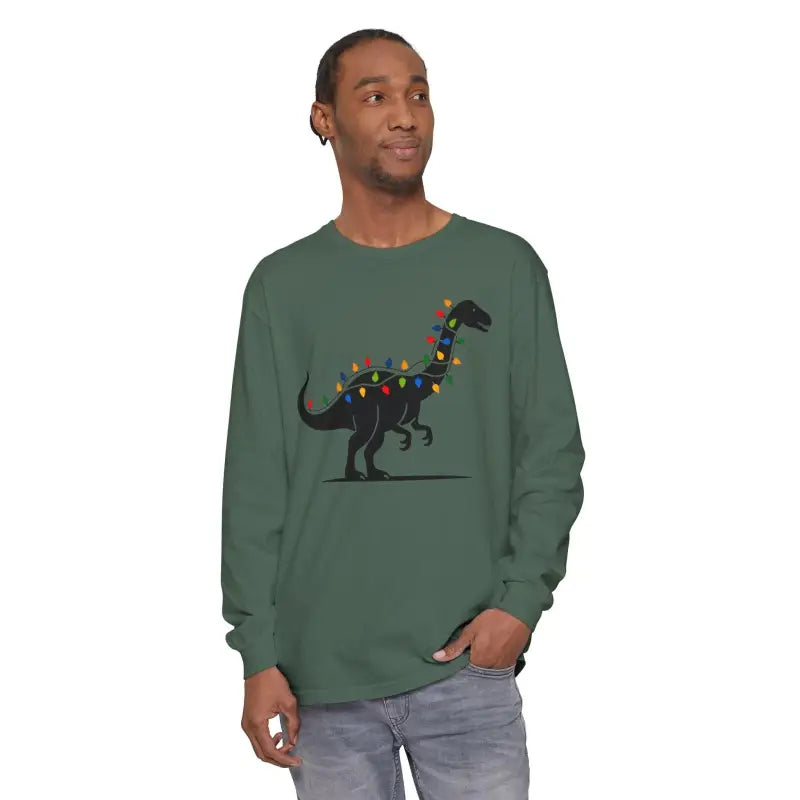 Christmas Dinosaur Long Sleeve Shirt with Twinkling Lights for Holiday Fun - Ocean State Styles