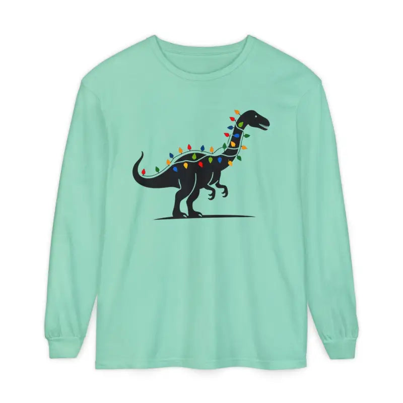 Mint-green long-sleeved shirt featuring a dinosaur design and Christmas lights