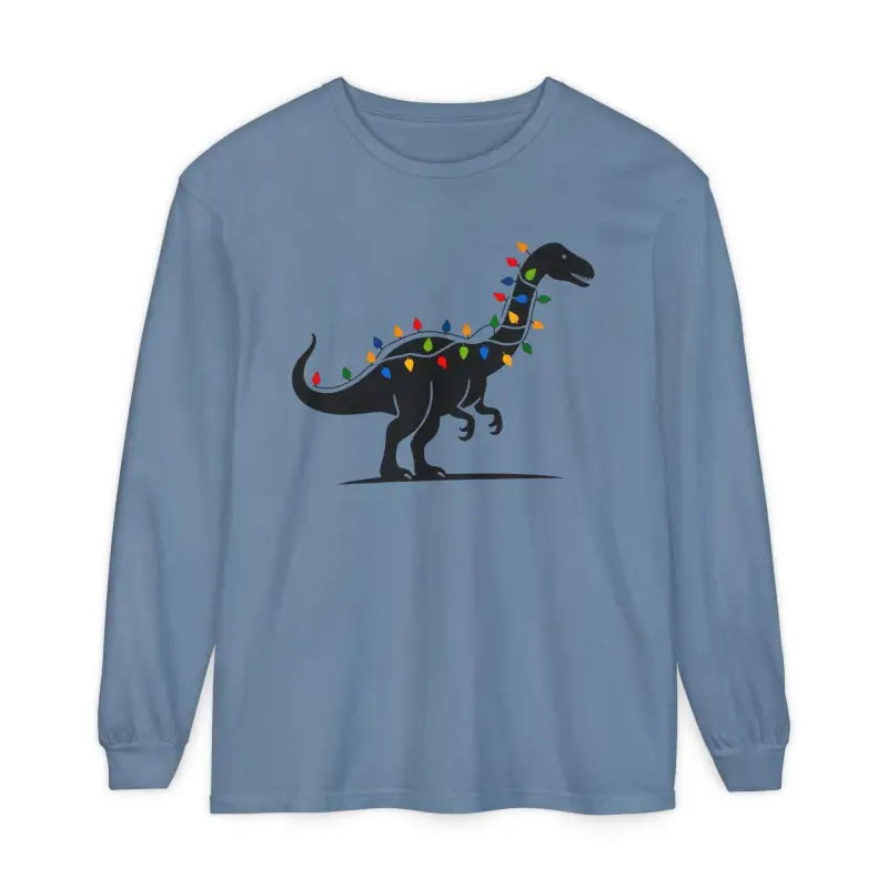 Blue long-sleeved shirt featuring a dinosaur adorned with Christmas lights