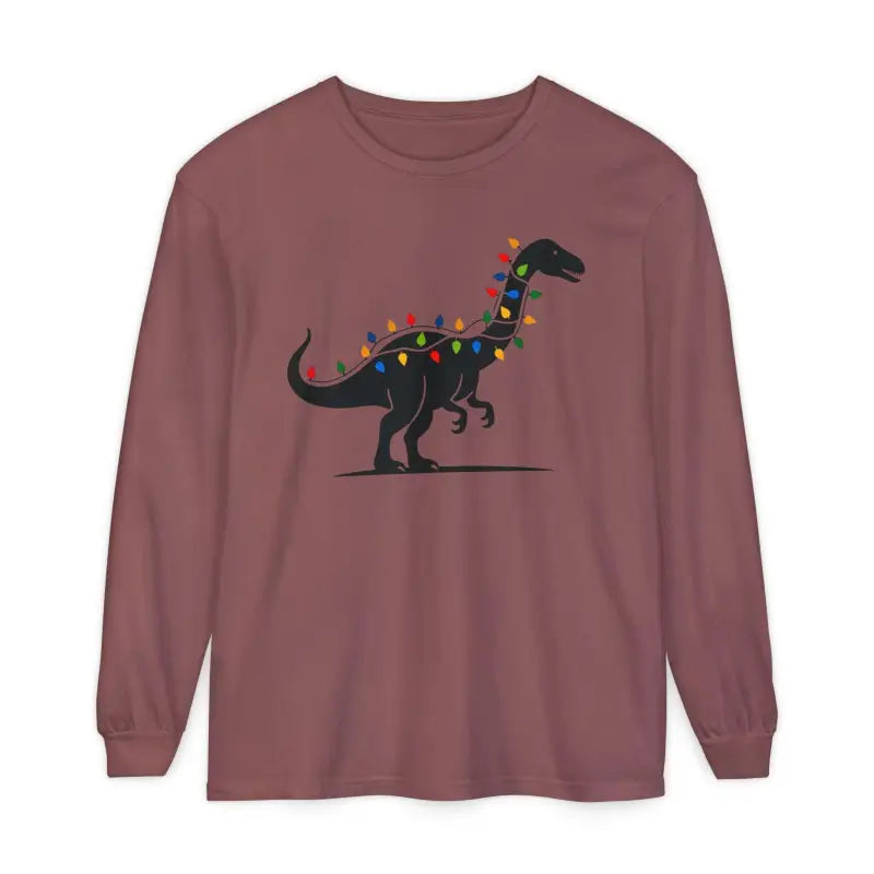 Long-sleeved shirt featuring a dinosaur adorned with Christmas lights design