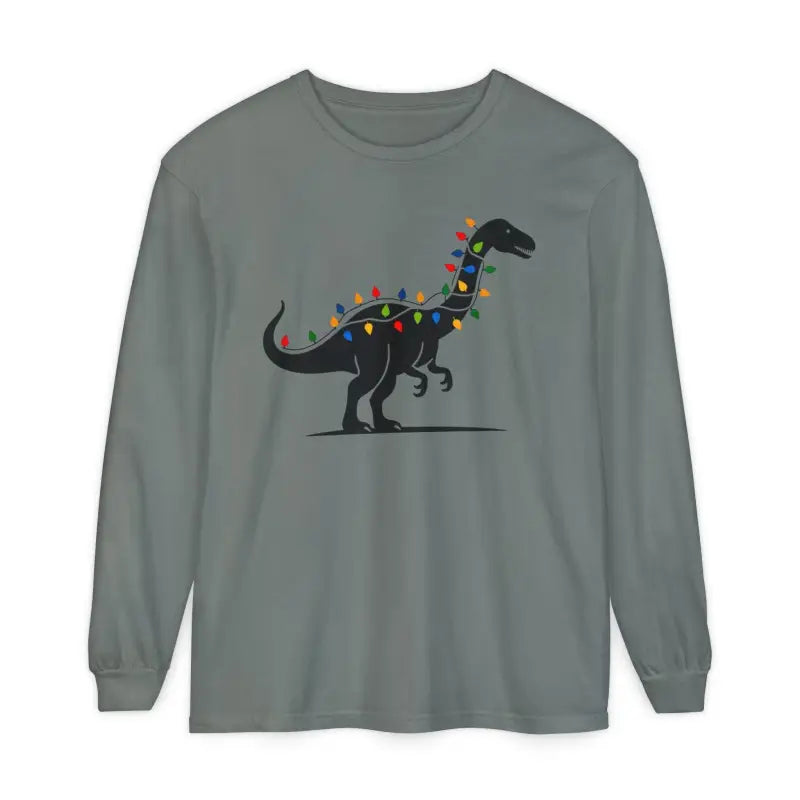 Long-sleeved shirt featuring a dinosaur adorned with Christmas lights design