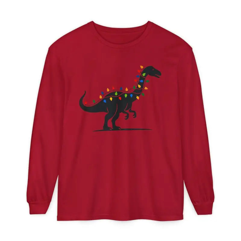 Red long-sleeved shirt featuring a dinosaur adorned with Christmas lights