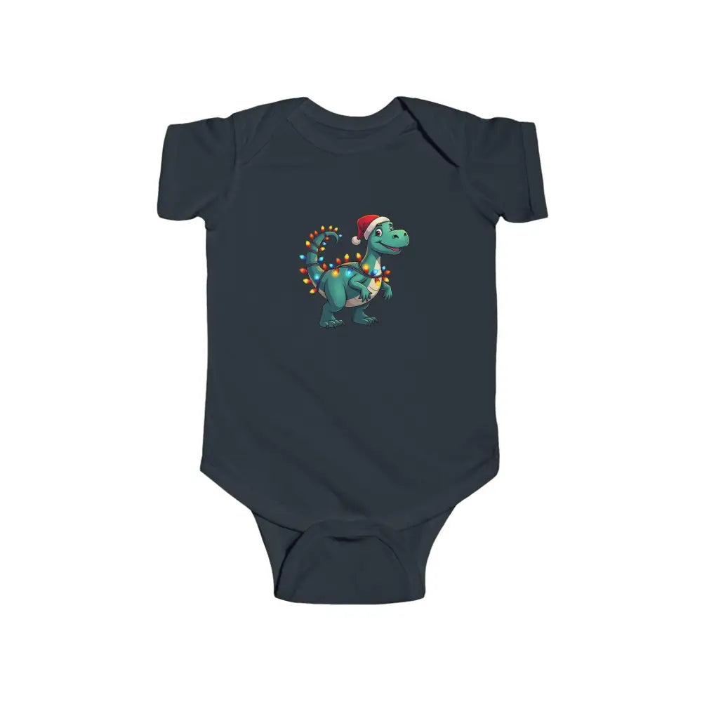 Dark blue baby onesie featuring a dinosaur in a Santa hat and Christmas lights