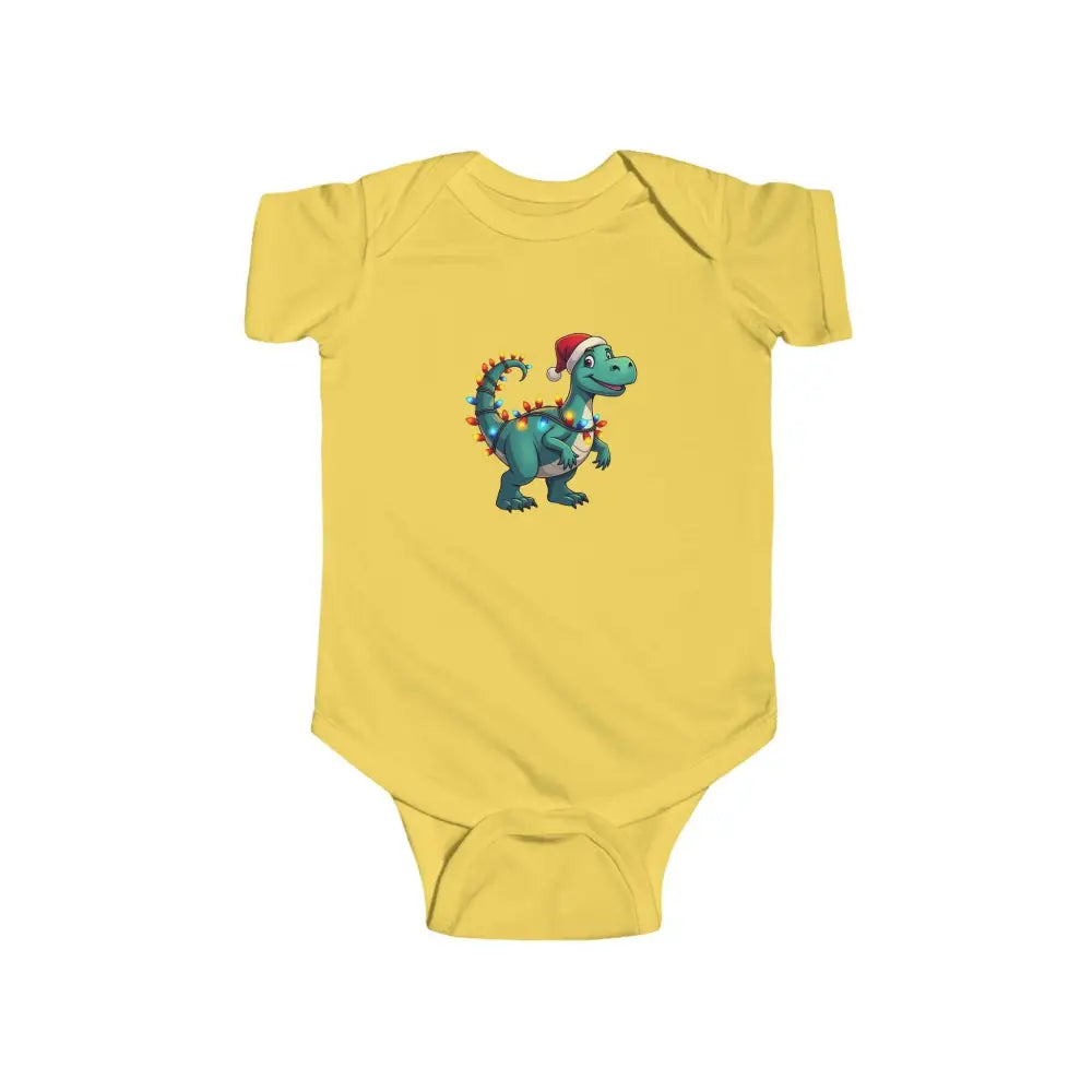 Yellow baby onesie featuring dinosaur graphic for Christmas Dinosaur Bodysuits