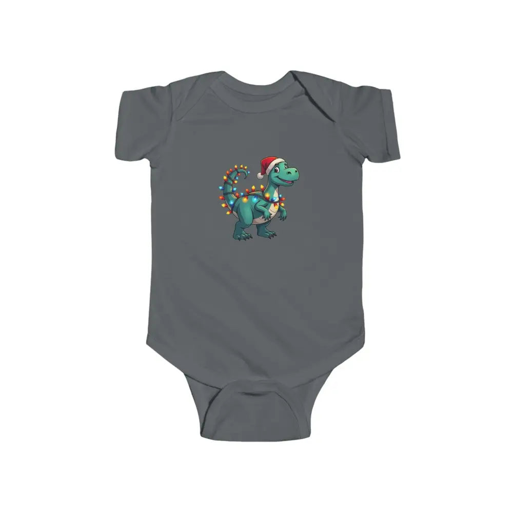 Gray baby onesie featuring a fun dinosaur graphic for Christmas celebrations