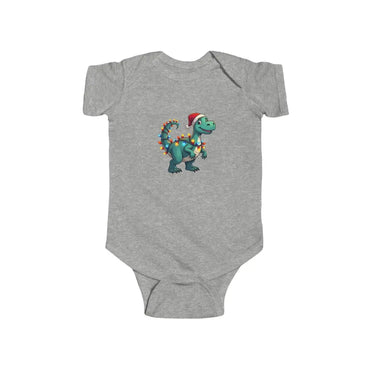 Gray baby onesie featuring dinosaur graphic from Christmas Dinosaur Bodysuits collection