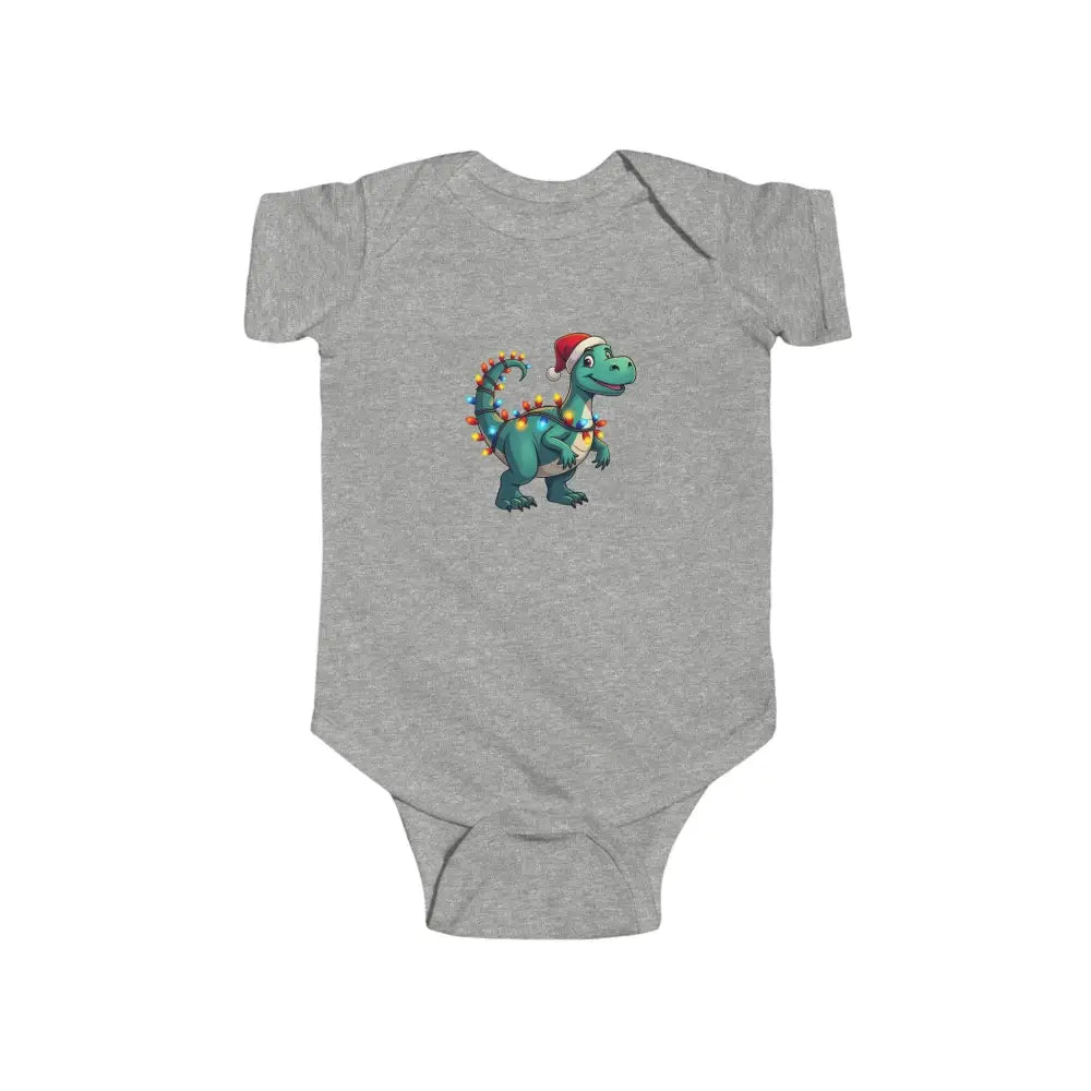 Gray baby onesie featuring dinosaur graphic from Christmas Dinosaur Bodysuits collection