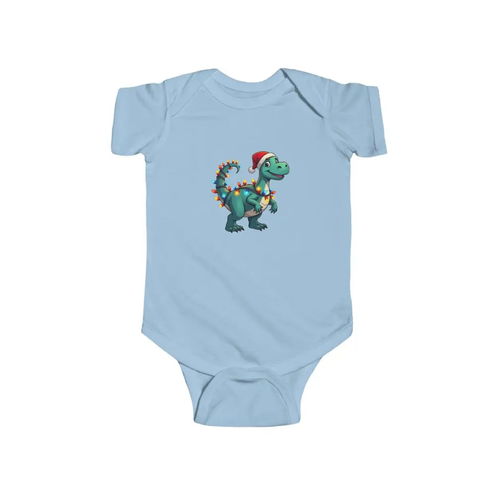 Light blue baby onesie featuring dinosaur graphic from Christmas Dinosaur Bodysuits