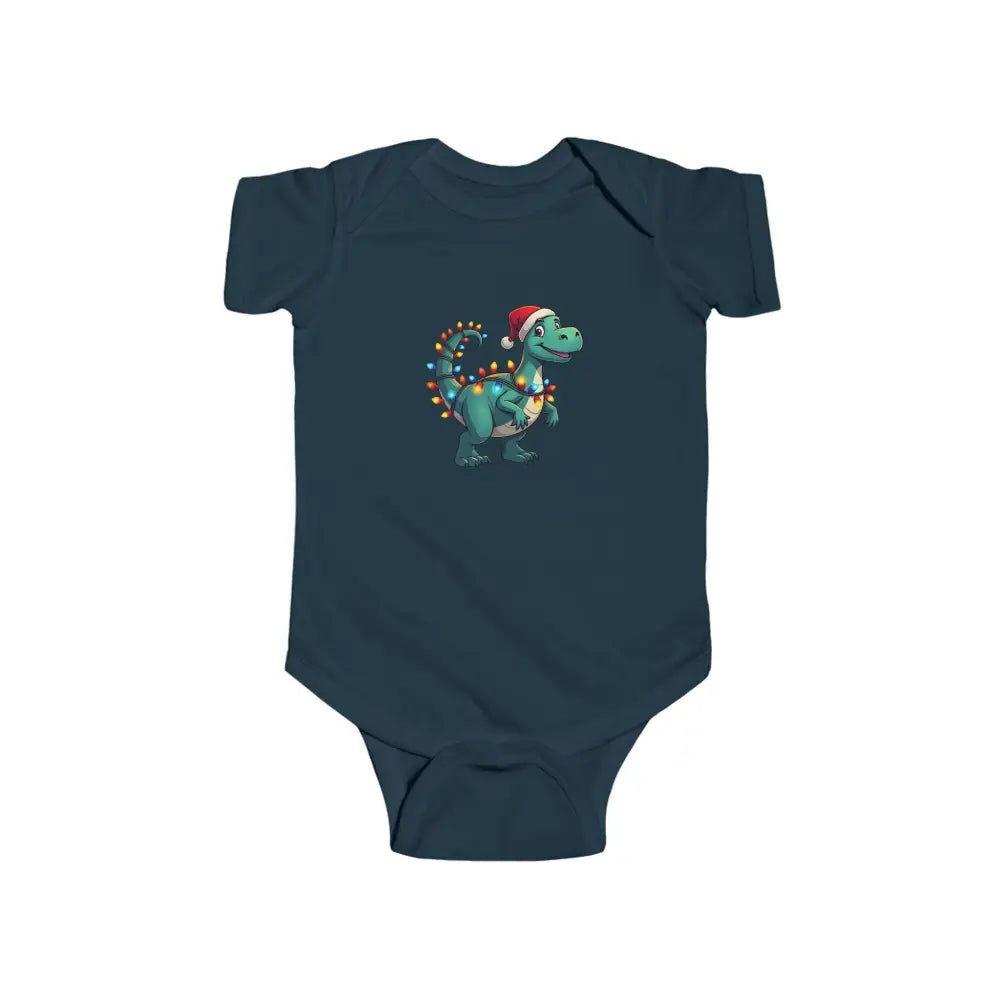 Dark blue baby onesie featuring dinosaur graphic from Christmas Dinosaur Bodysuits