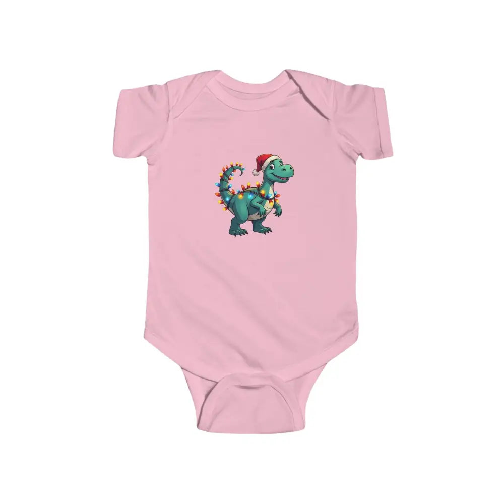 Pink baby onesie featuring a dinosaur graphic for Christmas Dinosaur Bodysuits