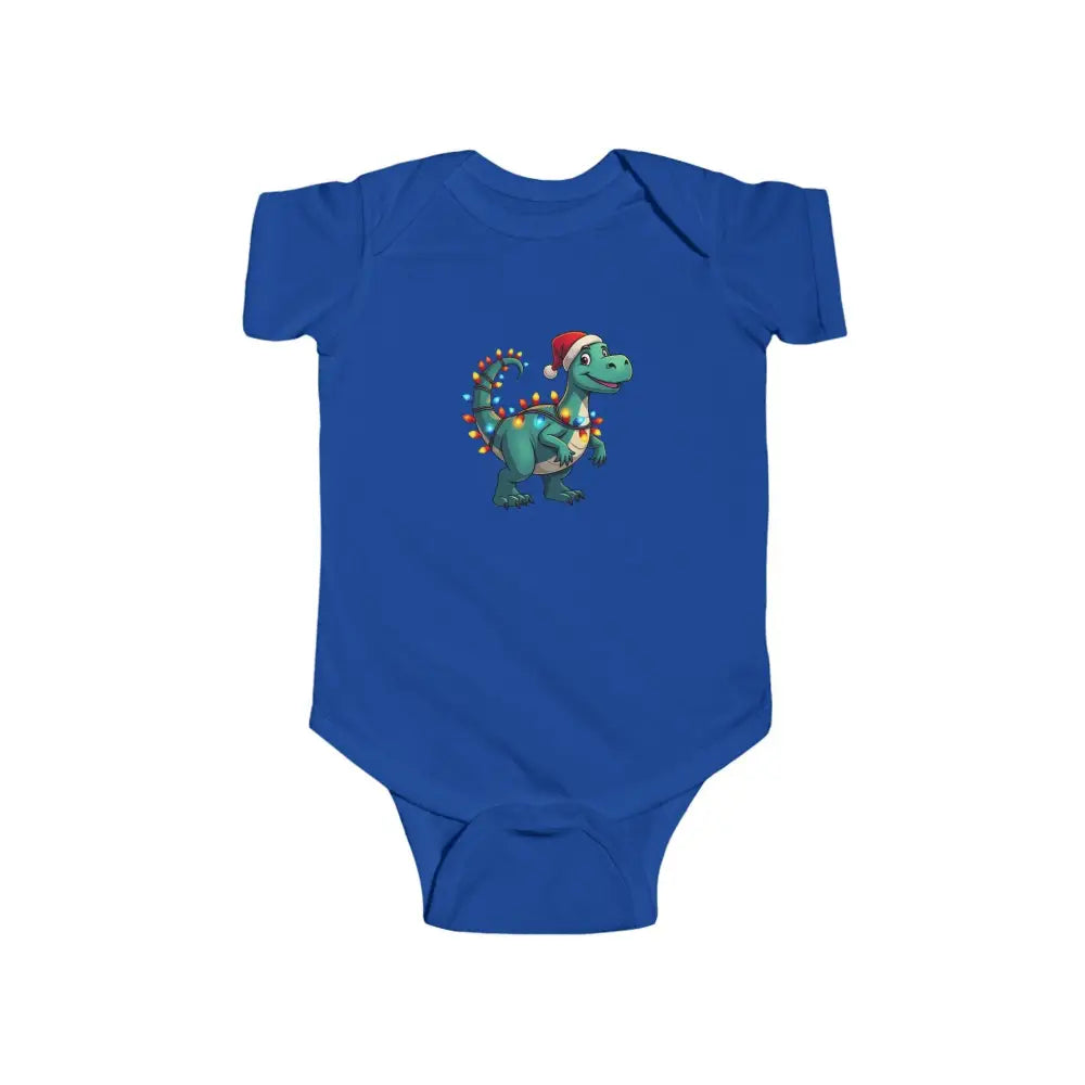 Blue baby onesie featuring a dinosaur graphic from Christmas Dinosaur Bodysuits collection