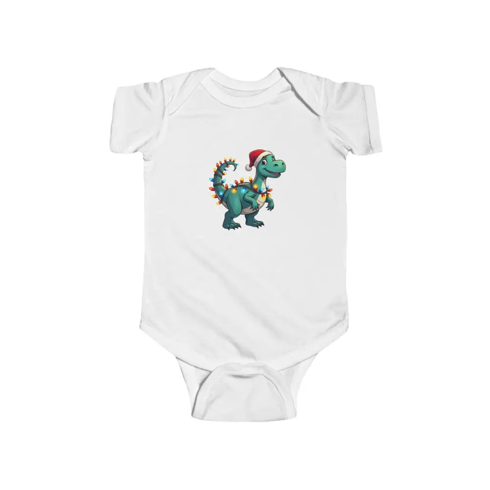 White baby onesie featuring a dinosaur graphic for Christmas Dinosaur Bodysuits