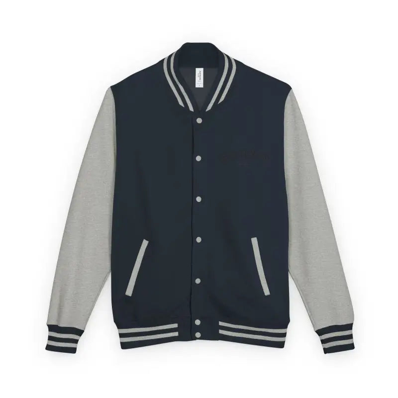 Dark blue varsity jacket with light gray sleeves and striped cuffs from Classic Varsity Jacket Collection