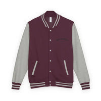 Maroon and grey varsity jacket with snap buttons and striped ribbed trim from Classic Varsity Jacket Collection