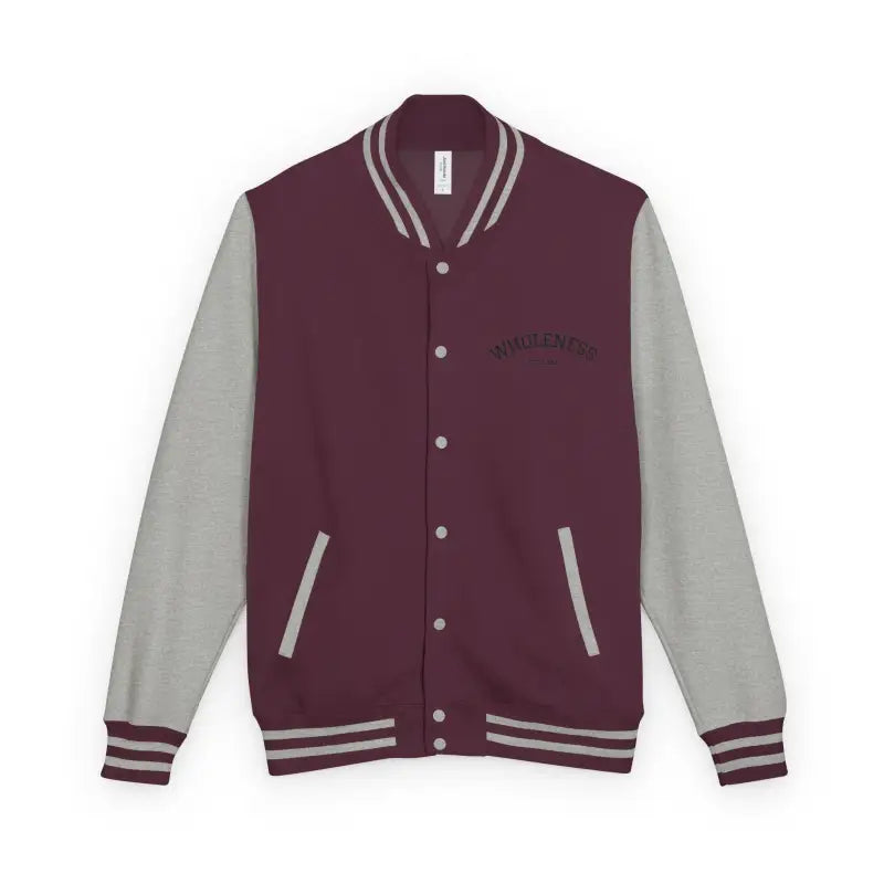 Maroon and grey varsity jacket with snap buttons and striped ribbed trim from Classic Varsity Jacket Collection