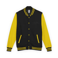 Black and yellow varsity jacket with snap buttons and striped cuffs from Classic Varsity Jacket Collection