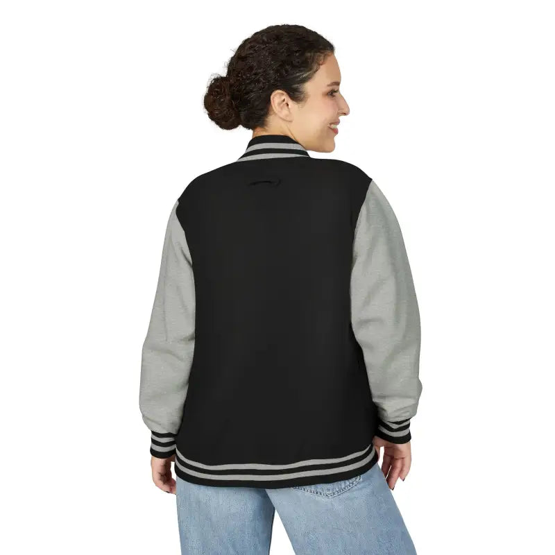 Black and gray varsity jacket with striped cuffs and collar from Classic Varsity Jacket Collection
